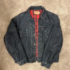 Vintage 1980s Levis Jacket Mens M Black Denim Red Buffalo Plaid Lined Type 3 USA